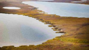 The image shows a thermokarst lake in Alaska. Thermokarst lakes form in the Arctic when permafrost thaws. Credit: NASA/JPL-Caltech