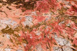 Bastnaesite (the reddish parts) in Carbonatite. Bastnaesite is an important ore for rare earth elements, one of the mineral commodities identified as most at-risk of supply disruption by the USGS in a new methodology. Credit: Scott Horvath, USGS
