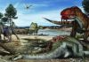 Jurassic Park in eastern Morocco: Paleontology of the Kem Kem Group Predators abound on land, in the air and in water some 95 million years on the shores of northern Africa -- as shown by the abundant fossils in the Kem Kem region. Large herbivores, such as the long-necked sauropod Rebbachisaurus, could have been hunted or scavenged by several large predators. Credit: Artwork by Davide Bonadonna