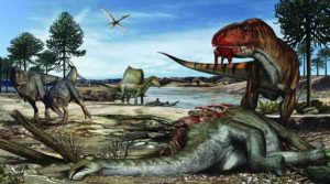 Predators abound on land, in the air and in water some 95 million years on the shores of northern Africa -- as shown by the abundant fossils in the Kem Kem region. Large herbivores, such as the long-necked sauropod Rebbachisaurus, could have been hunted or scavenged by several large predators. Credit: Artwork by Davide Bonadonna