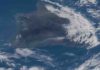 The ash plume from the Kilauea volcano on the big island of Hawaii was pictured May 12, 2018, from the International Space Station. Credit: NASA