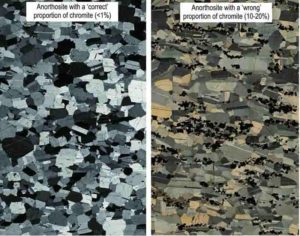 Photomicrographs showing anorthosites with 'correct' and 'wrong' proportions of chromite from the Bushveld Complex, South Africa. Credit: Wits University