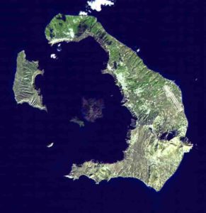 Minoan eruption of Thera. Satellite image of Thera, November 21, 2000. Credit: NASA, public domain