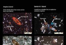A tale of two kinds of volcanoes Why a big volcanic blow-up at the popular travel destimation Santorini 3200 years ago, but just a few hundred kilometers away, no drama at the volcanoes on Aegina , Methana and Poros islands? Thin sections of the lavas from these four volcanoes yield some of the reasons why. Some minerals only form at greater depths - and the hornblende in the lava from Aegina island indicates that the magma chambers there are deeper than the those underneath the Santorini caldera. But plate tectonics add another, hidden reason also, found research from the University of Johannesburg. Credit: Prof Marlina A. Elburg, University of Johannesburg