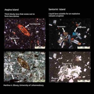 Why a big volcanic blow-up at the popular travel destimation Santorini 3200 years ago, but just a few hundred kilometers away, no drama at the volcanoes on Aegina , Methana and Poros islands? Thin sections of the lavas from these four volcanoes yield some of the reasons why. Some minerals only form at greater depths - and the hornblende in the lava from Aegina island indicates that the magma chambers there are deeper than the those underneath the Santorini caldera. But plate tectonics add another, hidden reason also, found research from the University of Johannesburg. Credit: Prof Marlina A. Elburg, University of Johannesburg
