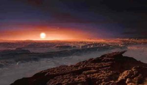 This artist’s impression shows a view of the surface of the planet Proxima b orbiting the red dwarf star Proxima Centauri, the closest star to the Solar System. The double star Alpha Centauri AB also appears in the image to the upper-right of Proxima itself. Proxima b is a little more massive than the Earth and orbits in the habitable zone around Proxima Centauri, where the temperature is suitable for liquid water to exist on its surface. (Illustration by ESO/M. Kornmesser)