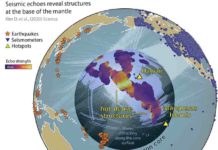 Scientists detect unexpected widespread structures near Earth’s core Earthquakes send sound waves through the Earth. Seismograms record the echoes as those waves travel along the core-mantle boundary, diffracting and bending around dense rock structures. New research from University of Maryland provides the first broad view of these structures, revealing them to be much more widespread than previously known. Credit: Doyeon Kim/University of Maryland