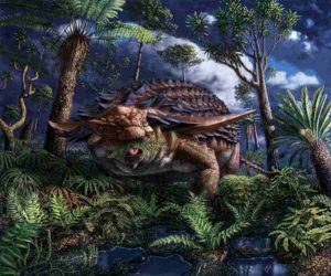 Illustration of Borealopelta markmitchelli dinosaur by Julius Csotonyi. Credit: © Royal Tyrrell Museum of Palaeontology