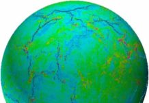 A new idea on how Earth’s outer shell first broke into tectonic plates A snapshot of a model from the new work, showing the late stages of growth and coalescence of a new global fracture network. Fractures are in black / shadow, and colors show stresses (pink color denotes tensile stress, blue color denotes compressive stress).