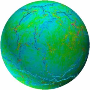 A snapshot of a model from the new work, showing the late stages of growth and coalescence of a new global fracture network. Fractures are in black / shadow, and colors show stresses (pink color denotes tensile stress, blue color denotes compressive stress). 