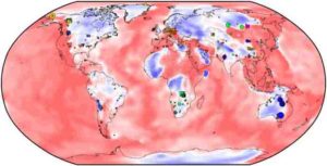 A new study shows that giant ore deposits are tightly distributed above where rigid rocks that comprise the nuclei of ancient continents begin to thin, far below the surface (white areas). Redder areas indicate the thinnest rocks beyond the boundary; bluer ones, the thickest. Circles, triangles and squares show known large sediment-hosted deposits of different metals. (Adapted from Hoggard et al., Nature Geoscience, 2020)