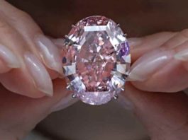 The Pink Star diamond, which fetched the highest price ever for a jewel offered at auction, is displayed at Sotheby's in Hong Kong on March 29. Credit: Vincent Yu/AP