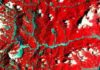 Typhoon changed earthquake patterns False color satellite image of the Taimali catchment area in southeastern Taiwan in August 2009 after typhoon Morakot. Red: vegetated surface, grey: barren surface (Image: LANDSAT-7 / NASA, JPL).