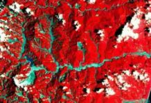 Typhoon changed earthquake patterns False color satellite image of the Taimali catchment area in southeastern Taiwan in August 2009 after typhoon Morakot. Red: vegetated surface, grey: barren surface (Image: LANDSAT-7 / NASA, JPL).