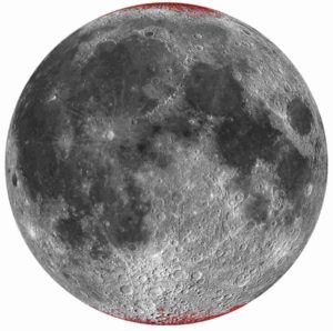 Enhanced map of hematite (red) on Moon using a spheric projection (nearside only). Credit: Shuai Li