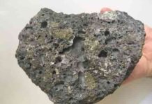 Probing the origin of the mantle’s chemically distinct ‘scars’ Basalt, the most-common rock on Earth’s surface, encases green crystals--a geologic "nesting doll" phenomenon called a xenolith. Basalts such as this one derive from a section of the mantle that has been depleted in incompatible trace elements, which is usually attributed to continental crust formation. In their work, Tucker and his collaborators propose another mechanism that would impart this signature. Credit: Carnegie Institution for Science