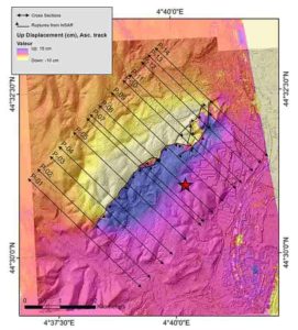 Surface displacement mapped using InSAR satellite imaging data. Along the fault, the ground was either raised (southeast) or collapsed (northwest). The star designates the epicentre. Credit: Jean-François RITZ et al