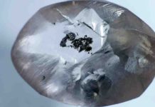 Uncovering new understanding of Earth’s carbon cycle A rough diamond from Kankan, Guinea, that was analyzed in a new study led by a PhD student at the U of A. The imperfections inside the diamond are small inclusions of a mineral called ferropericlase, which is from the lower mantle. Credit: Anetta Banas