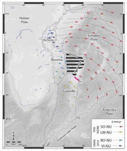 Final model for the East African Rift System. Hashed lines indicate newly discovered broad deforming zone. Arrows represent predicted tectonic plate motions. ABFZ—Andrew Bain Fracture Zone; IFZ—Indomed Fracture Zone; RSZ—Ranotsara shear zone. Figure created by D.S. Stamps. 