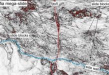 Evidence from one of Earth’s biggest underwater landslides ever sheds light on East African rifting The figure shows a portion of the Mafia mega-slide imaged by a time-slice extracted from 3-D seismic reflection data (coherence attribute). Credit: Data courtesy of Royal Dutch Shell