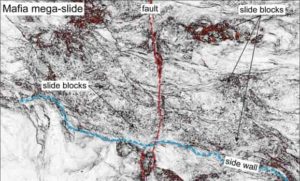 The figure shows a portion of the Mafia mega-slide imaged by a time-slice extracted from 3-D seismic reflection data (coherence attribute). Credit: Data courtesy of Royal Dutch Shell