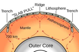 A graphic showing the convective heat cycle (red arrows) that drives plate tectonic motion (black arrows) on Earth. Heat flows toward subduction zones through the uppermost mantle layer, the asthenosphere. A computer model from Rice University finds that the asthenosphere can locally drag plates along with it rather than acting exclusively as a brake on plate movements as had been widely believed. (Image courtesy of Surachit/Wikimedia Commons)