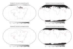 Distribution of snow and ice in winter and summer on Aurica (left) and Amasia. Credit: Way et al. 2020