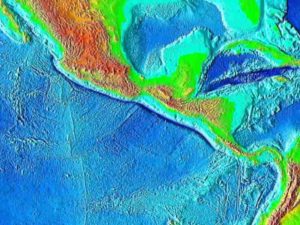 The Middle America Trench, seen here as a dark blue strip off the Pacific coast of Central America, is a surface feature of a subduction zone extending from Mexico to Costa Rica. Credit: NOAA