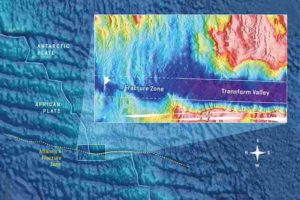 The Atlantis II fracture zone in the southwestern Indian Ocean with a zoom on the northern corner. The greater water depth in the transform valley is clearly visible. As the plates move, magmatism in the corners refills the deep transform valleys so that the adjacent fracture zones are shallower. Graphic: Christoph Kersten/GEOMAR according to Grevemeyer et al., 2021