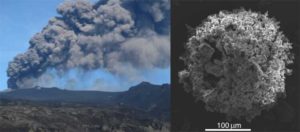 Volcanic plume associated with the April-May 2010 eruption of Eyjafjallajökull volcano (Iceland) and Scanning Electron Microscope image of a typical ash cluster made of micrometric volcanic particles collected on an adhesive paper during fallout. © UNIGE, Costanza Bonadonna