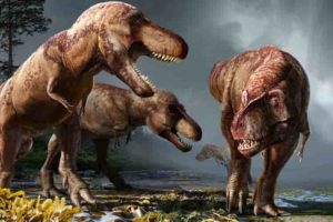 Over approximately 2.5 million years, North America likely hosted 2.5 billion Tyrannosaurus rexes, a minuscule proportion of which have been dug up and studied by paleontologists, according to a UC Berkeley study. (Image by Julius Csotonyi, courtesy of Science magazine)