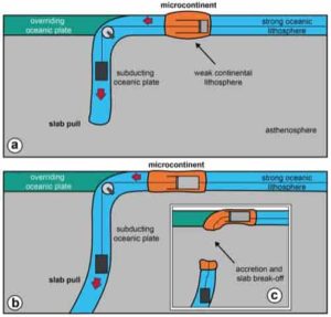 Elements of a newly discovered process in plate tectonics include a mass (rock slab weight), a pulley (trench), a dashpot (microcontinent), and a string (oceanic plate) that connects these elements to each other. In the initial state, the microcontinent drifts towards the subduction zone (Figure a). The microcontinent then extends during its journey to the subduction trench owing to the tensional force applied by the pull of the rock slab pull across the subduction zone (Figure b). Finally, the microcontinent accretes to the overriding plate and resists subduction due to its low density, causing the down-going slab to break off (Figure c). Credit: Erkan Gün/University of Toronto