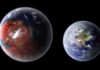 Earth-like biospheres on other planets may be rare An artistic representation of the potentially habitable planet Kepler 422-b (left), compared with Earth (right). Credit: Ph03nix1986 / Wikimedia Commons