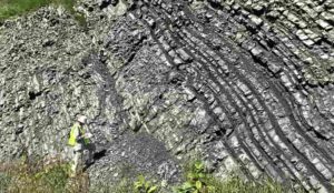 Boriana Kalderon-Asael conducts field work at a Middle-Upper Ordovician outcrop near Reedsville, Penn. Credit: Ashleigh Hood