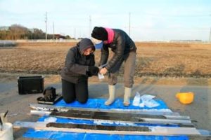 Jessica Pilarczyk (SFU) and collaborator Tina Dura (Virginia Tech) sample sediment cores from rice paddies of the Greater Tokyo Region that contain evidence for an earthquake from 1,000 years ago that potentially originated from a historically unconsidered earthquake source. Credit: SFU