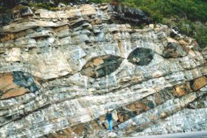 Boudins of amphibolite layers (metamorphosed basalts) that were stretched within quartz schists (Norway). Photo credits © Haakon Fossen.