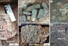 Copper-rich minerals indicating widespread volcanic activity at the end-Permian mass extinction in different regions in southern China (A: Taoshujing locality; B: Lubei locality; C: Guanbachong; D: Taoshujing locality; E: Longmendong locality). The minerals are all copper sulfides, mostly Malachite--the minerals' green patches. Photo credit: H. Zhang, Nanjing Institute of Geology and Palaeontology.