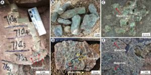 Copper-rich minerals indicating widespread volcanic activity at the end-Permian mass extinction in different regions in southern China (A: Taoshujing locality; B: Lubei locality; C: Guanbachong; D: Taoshujing locality; E: Longmendong locality). The minerals are all copper sulfides, mostly Malachite--the minerals' green patches. Photo credit: H. Zhang, Nanjing Institute of Geology and Palaeontology. 