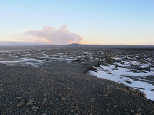 A view of the graben, which emerged near the Holuhraun lava field in Iceland. The western boundary of the graben is seen in the foreground, in the center-right portion of the image, where the land begins to dip down. Credit: Stephan Kolzenburg