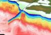 Big data imaging shows rock’s big role in channeling earthquakes in Japan The Kumano Pluton in southern Japan appears as a red bulge (indicating dense rock) in the center of a new 3D visualization by The University of Texas at Austin. The pluton is large enough to interfere with the nearby Nankai subduction zone and the region’s earthquakes. Credit: Adrien Arnulf