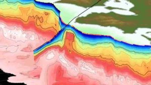 The Kumano Pluton in southern Japan appears as a red bulge (indicating dense rock) in the center of a new 3D visualization by The University of Texas at Austin. The pluton is large enough to interfere with the nearby Nankai subduction zone and the region’s earthquakes. Credit: Adrien Arnulf 