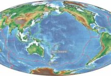 How does a major subduction zone get started? It may begin small The edges of Earth’s tectonic plates, centered over the Pacific Ocean. Colors indicate whether plates are scraping past (yellow), diving under (green), or pulling away (red) from one another. Study site near New Zealand marks the location of a newly forming subduction zone. Credit: Brandon Shuck/University of Texas Institute for Geophysics