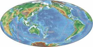 The edges of Earth’s tectonic plates, centered over the Pacific Ocean. Colors indicate whether plates are scraping past (yellow), diving under (green), or pulling away (red) from one another. Study site near New Zealand marks the location of a newly forming subduction zone. Credit: Brandon Shuck/University of Texas Institute for Geophysics