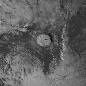 Taken by the Himawari 8 satellite, this red-filter visible image of a volcanic eruption in Tonga was taken on 15 January 2022 at 04:50 (UTC) 5:50 PM (Tonga Local Time). This volcanic eruption produced a 3.9 foot (1.2 meter) tsunami which struck Nukuʻalofa, the capital of Tonga. The volcano also triggered tsunamis across the Pacific Ocean affecting countries and territories like Fiji, Samoa, Wallis and Futuna, Vanuatu, New Zealand, Australia, Japan, Russia, the United States, Canada, Mexico, Chile and Ecuador, and explosions and the shockwave from the eruption could be heard as far as Alaska and Canada. Also visible in this image is the remnants of Tropical Cyclone Cody to the southwest. Credit: Japan Meteorological Agency/NASA SPoRT. CC BY 4.0