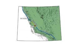 California’s San Andreas Fault. The “creeping” central section, subject of a new study, is in yellow. Rock samples from almost 2 miles down were taken at the San Andreas Fault Observatory at Depth, or SAFOD, marked by the red star. (Adapted from Coffey et al., Geology, 2022)
