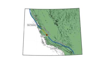 California’s San Andreas Fault. The “creeping” central section, subject of a new study, is in yellow. Rock samples from almost 2 miles down were taken at the San Andreas Fault Observatory at Depth, or SAFOD, marked by the red star. (Adapted from Coffey et al., Geology, 2022)