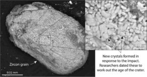 Zircon Crystals of the mineral zircon are tiny time-capsules that record the age of many events in Earth’s history. Dating zircon crystals like this was one of the two methods used to calculate the age of the Hiawatha impact crater. Illustration: Gavin Kenny, Swedish Museum of Natural History. 