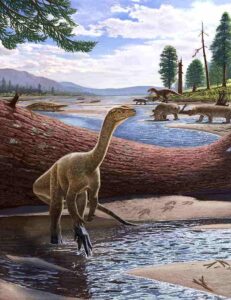Artistic reconstruction of Mbiresaurus raathi (in the foreground) with the rest of the Zimbabwean animal assemblage in the background. It includes two rhynchosaurs (at front right), an aetosaur (at left), and a herrerasaurid dinosaur chasing a cynodont (at back right). Illustration courtesy of Andrey Atuchin.