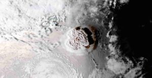 GOES-West satellite image of Tonga volcanic eruption, 2022. Credit: NASA Worldview, NOAA / NESDIS / STAR