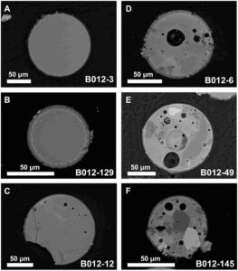 Textural range of Chang’e-5 glass beads. (A) Homogeneous (type 1a) glass with no clasts, schlieren, vesicles, or metal. Slight adhering regolith. (B) Sphere of homogeneous (type 1a) glass with metal around the rim. (C and D) Type 2 spheres with increasing proportion of schlieren, metal, and vesicles. (E and F) Type 3 spheres with partially digested clasts, schlieren, metal, and vesicles.